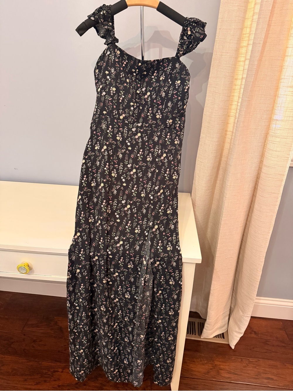 Black Floral Maxi Dress with Ruffle Shoulder Straps